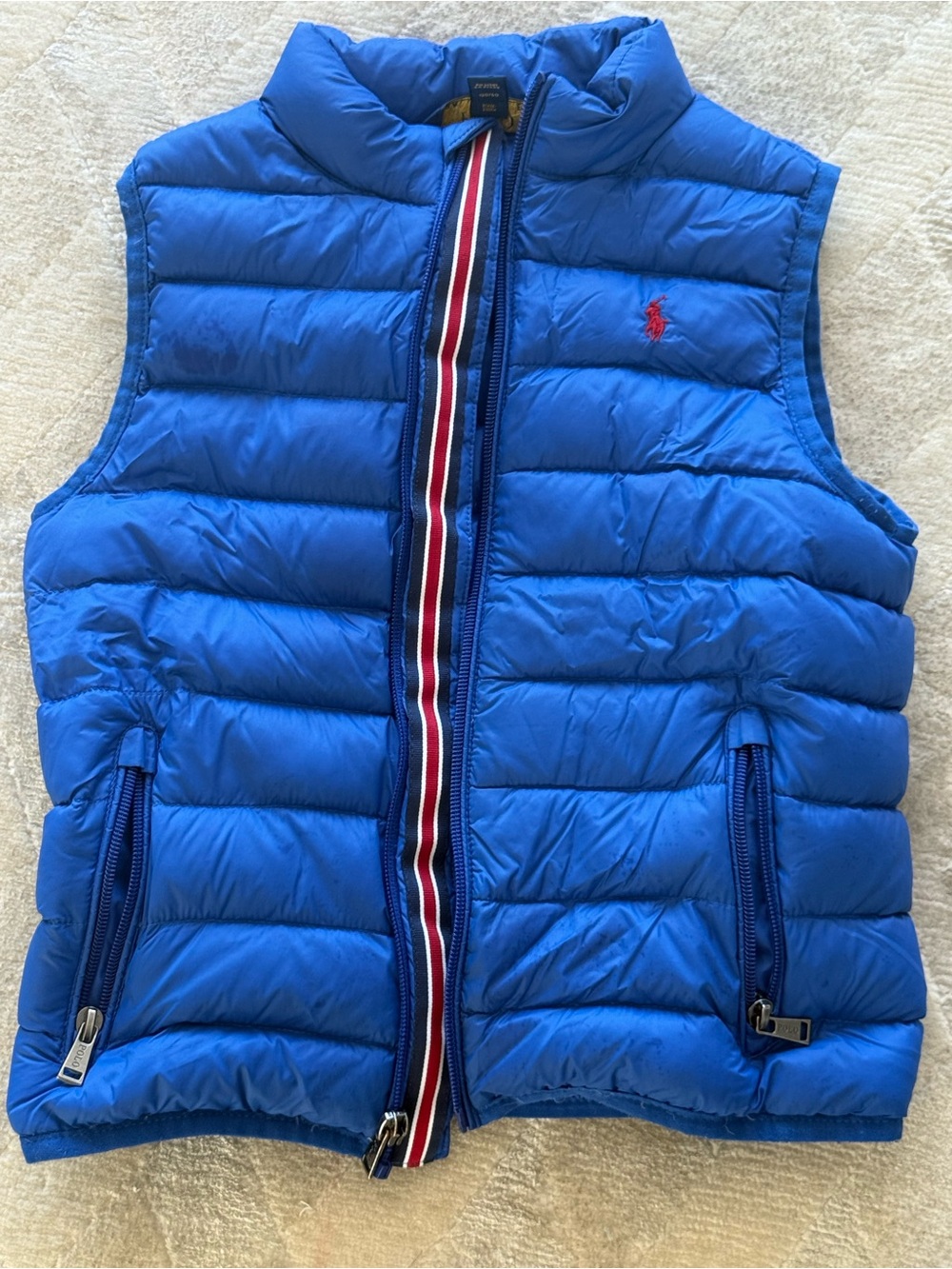 Polo by Ralph Lauren Blue Quilted Puffer Vest with Stripe Trim